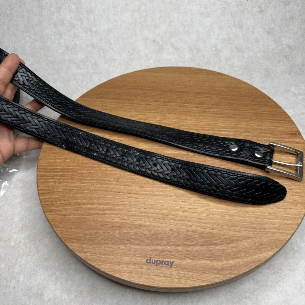 Mens Black Leather Belt Silver Buckle Embossed Woven Design‎ WELL WORN Size 36